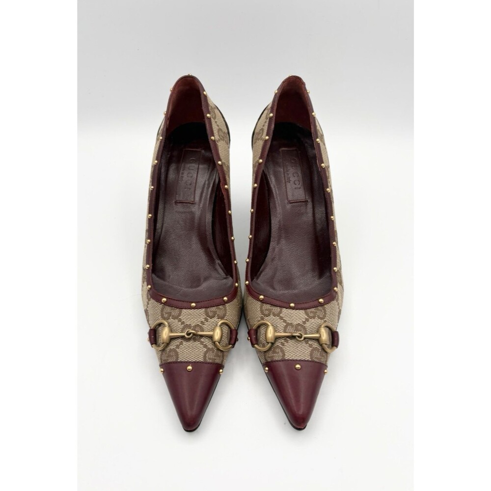 Gucci Brown Canvas Pointed Toe Heels Gold Studs Horsebit Maroon Leather EU 35